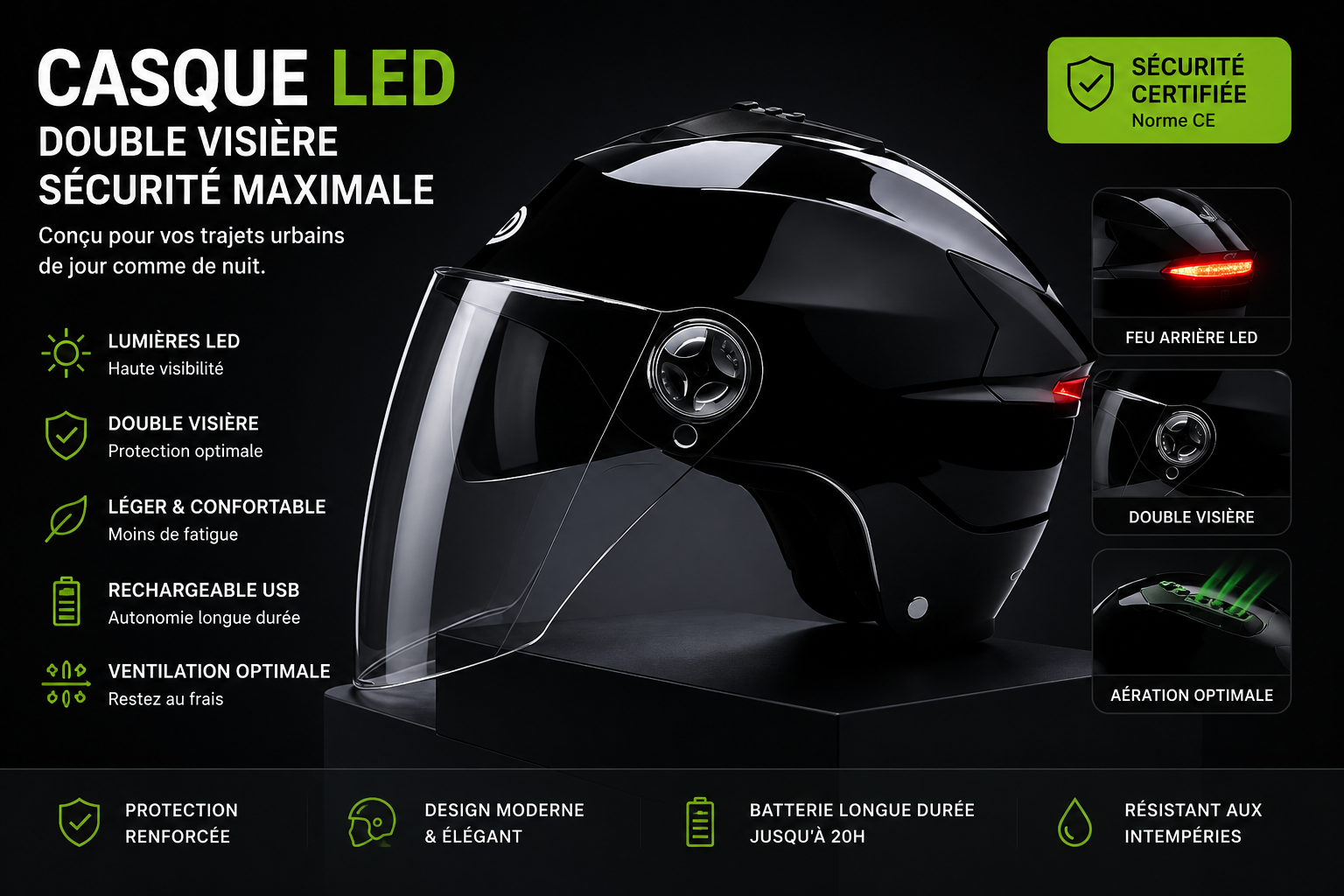 Casque LED Premium pour Vélo & Trottinette Électrique | Double Visière & Feu Arrière Rechargeable