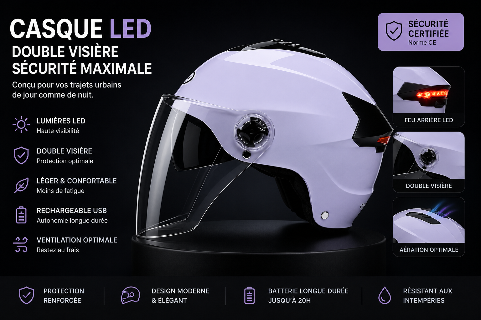 Casque LED Premium pour Vélo & Trottinette Électrique | Double Visière & Feu Arrière Rechargeable