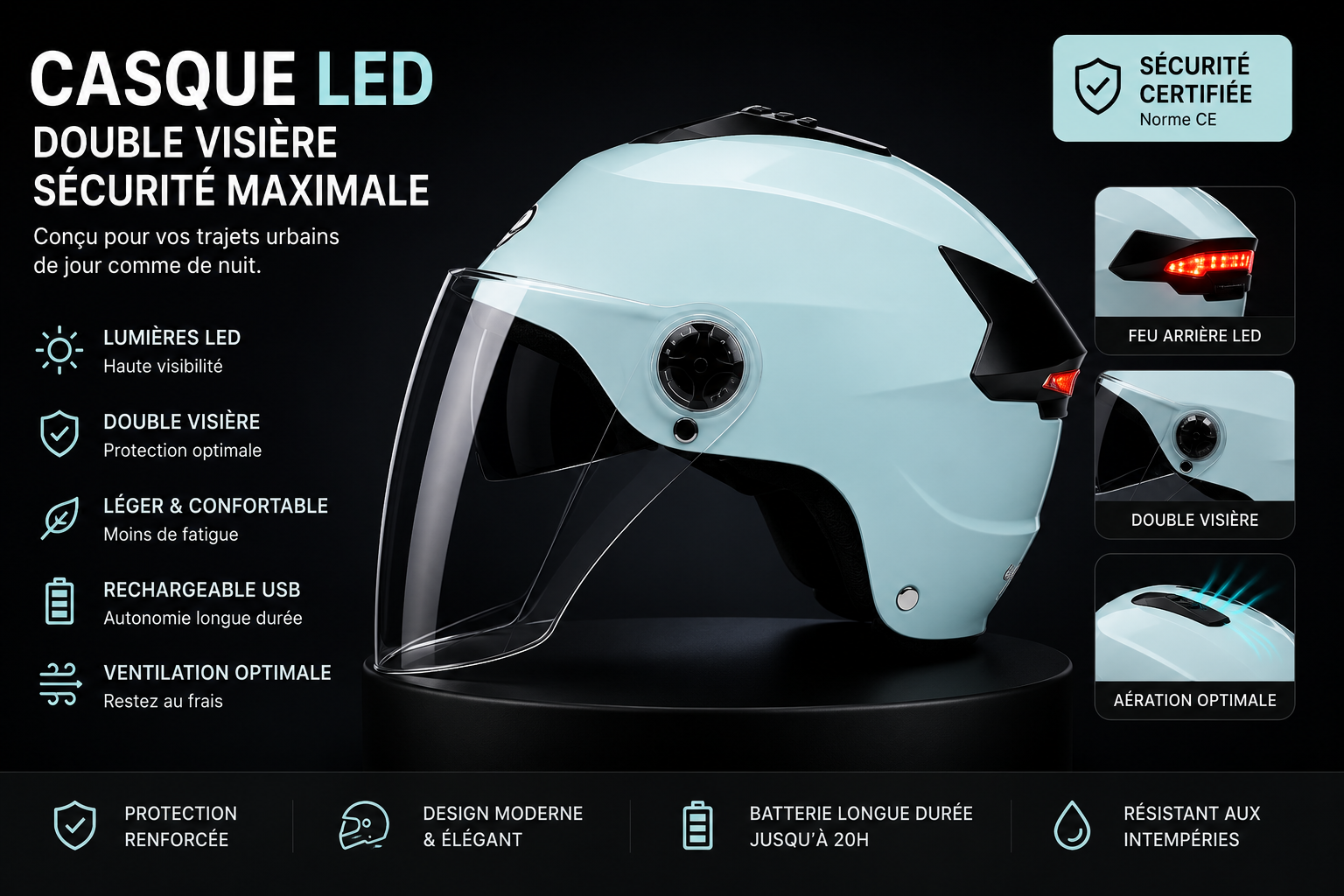 Casque LED Premium pour Vélo & Trottinette Électrique | Double Visière & Feu Arrière Rechargeable