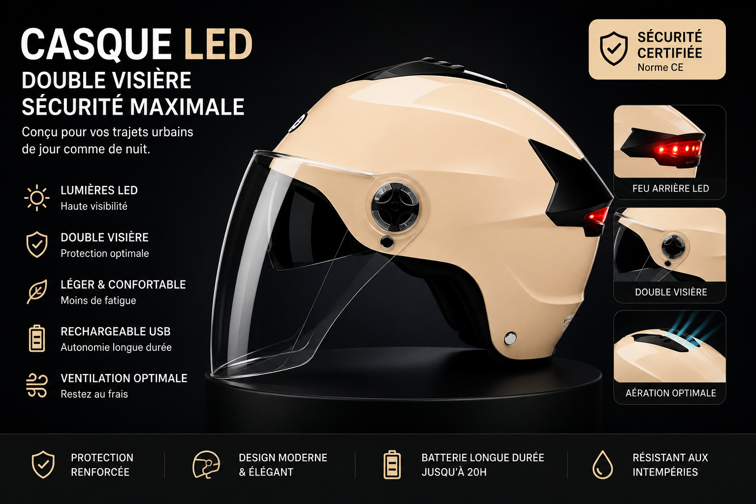 Casque LED Premium pour Vélo & Trottinette Électrique | Double Visière & Feu Arrière Rechargeable