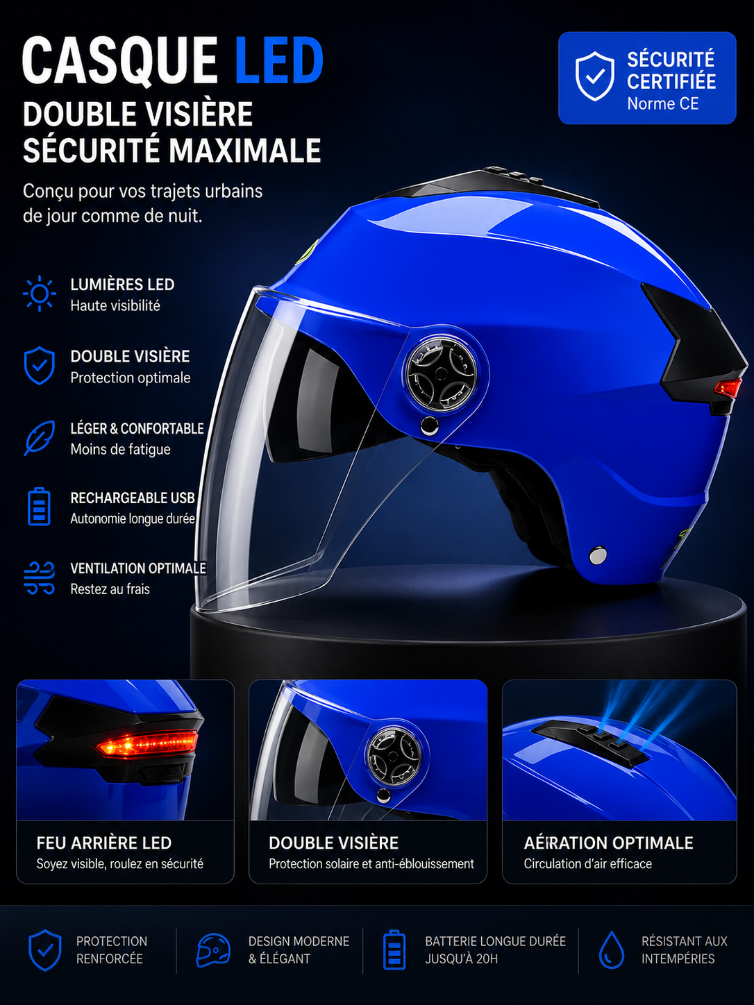 Casque LED Premium pour Vélo & Trottinette Électrique | Double Visière & Feu Arrière Rechargeable