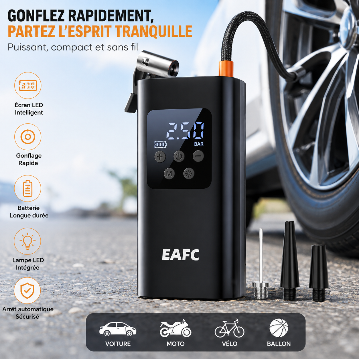 Compresseur d'Air Portable Sans Fil – Gonfleur Électrique LED pour Vélo, Moto & Voiture
