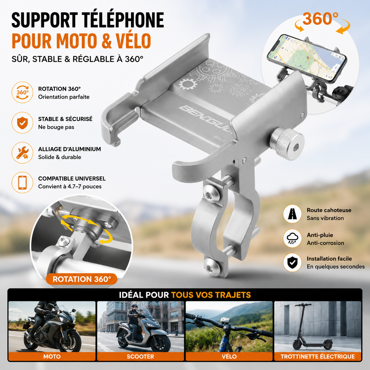 📱 Support Téléphone Moto & Vélo 360° – Aluminium Renforcé