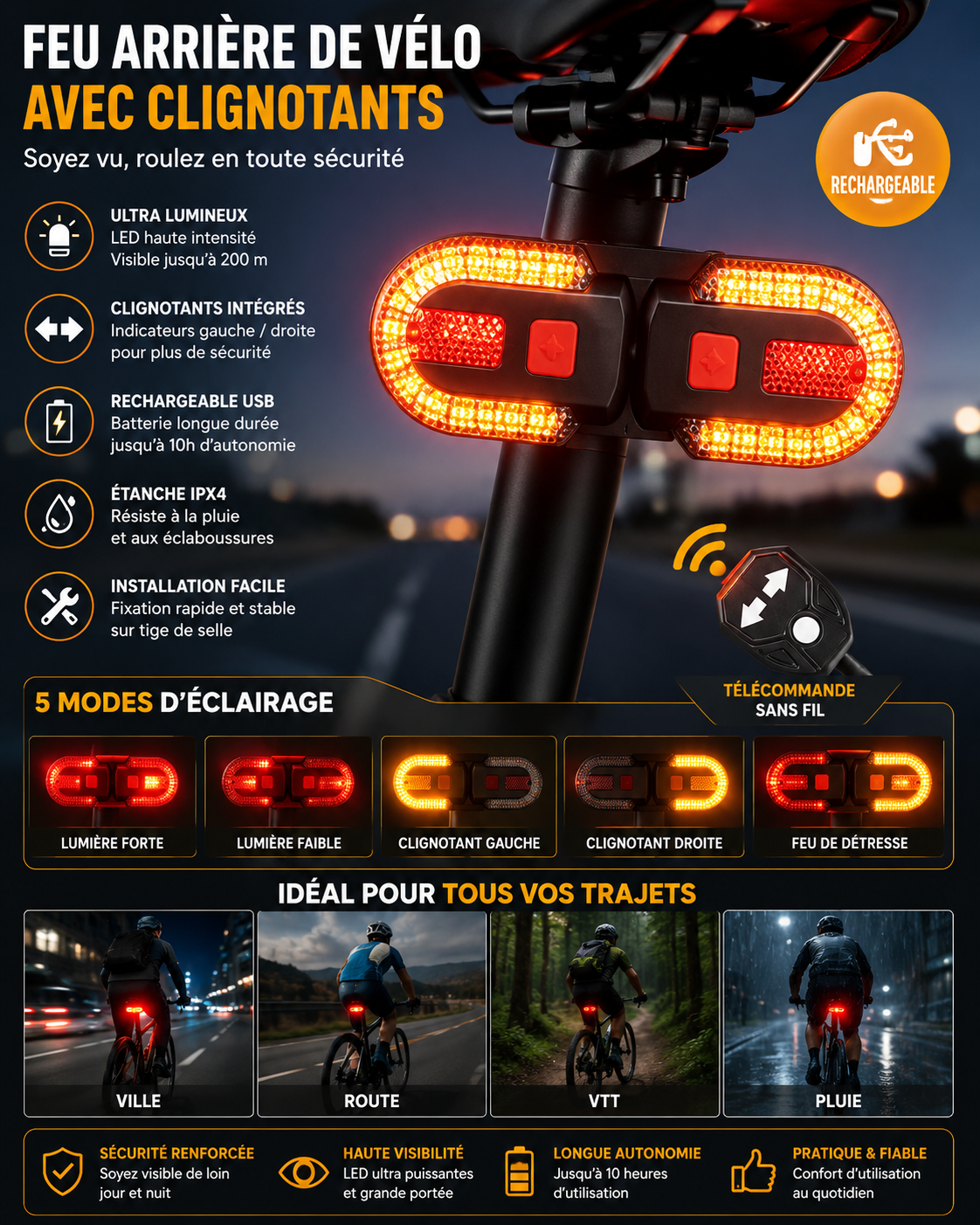 Feu Arrière LED Vélo avec Clignotants – Télécommande Sans Fil Rechargeable