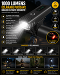 Lampe Avant Vélo LED 1000 Lumens – Rechargeable USB, Batterie 4500 mAh & Power Bank