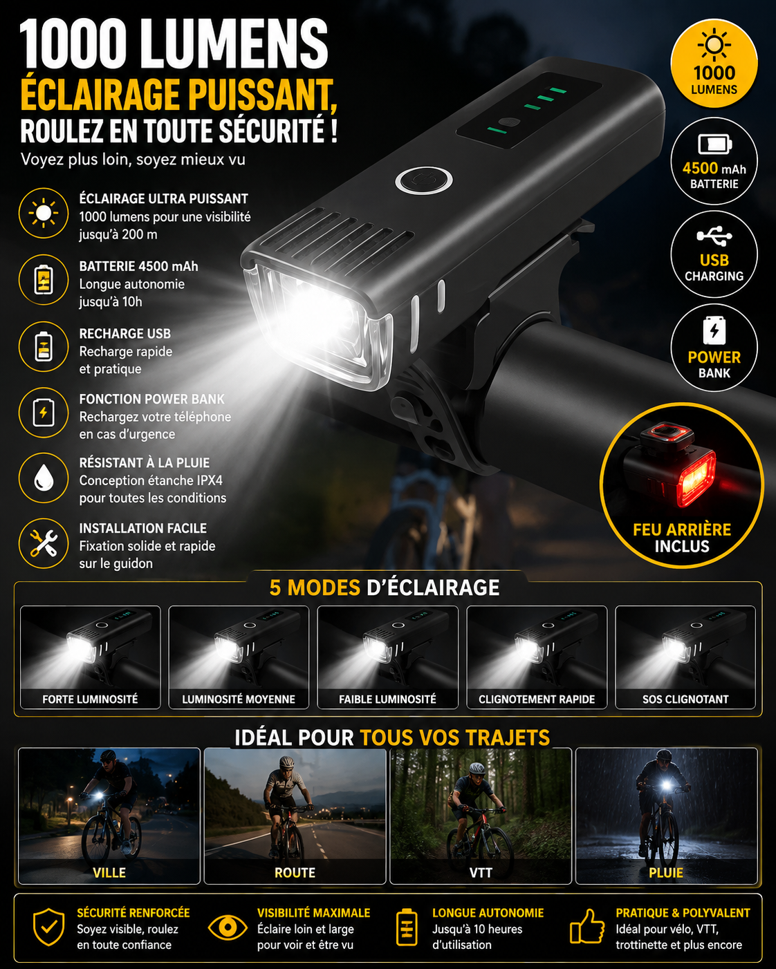 Lampe Avant Vélo LED 1000 Lumens – Rechargeable USB, Batterie 4500 mAh & Power Bank