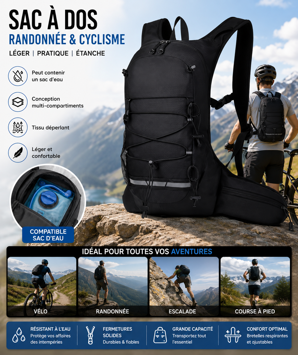 Sac à Dos Vélo & Randonnée – Léger, Étanche & Multi-Compartiments