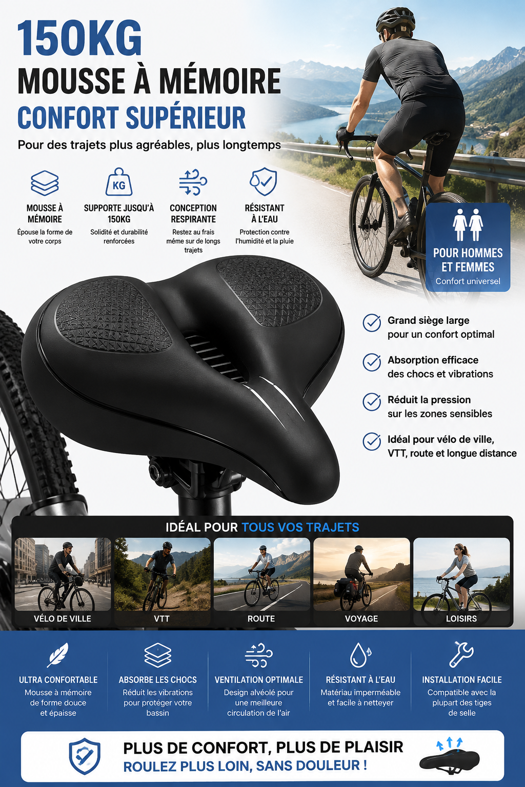 Selle Vélo Confort XXL – Mousse à Mémoire de Forme, Ergonomique & Anti-Chocs