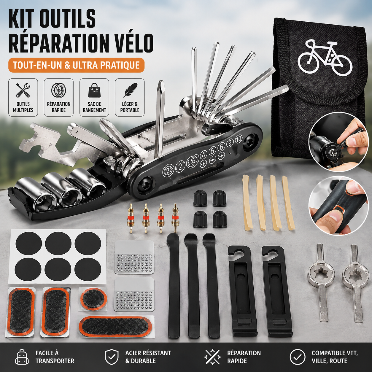 Kit Réparation Vélo 30-en-1 – Outils Multifonctions, Rustines & Démonte-Pneus