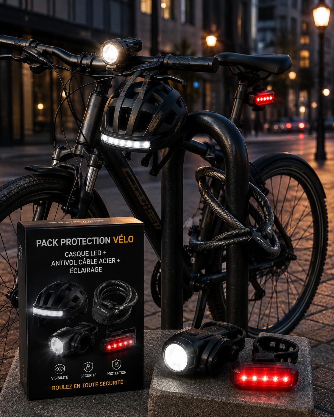 Pack Protection Vélo – Casque LED + Antivol Câble Acier + Éclairage